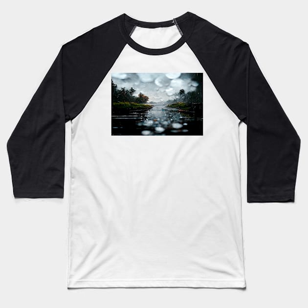 Foggy Lake Falling Raindrops On A Rainy Autumn Day Baseball T-Shirt by Unwind-Art-Work